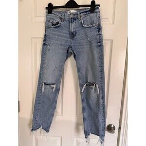 ZARA The Slim Boyfriend Jeans Womens 4 Beach Blue Distressed Ripped Raw Hem